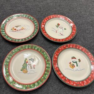 Longaberger Festive Snowman Dinnerware Set - Red and Green